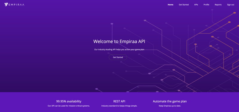 The Empiraa API developer portal home page, headed Welcome to Empiraa API, with 99.95 percent availability, a REST API and automation.