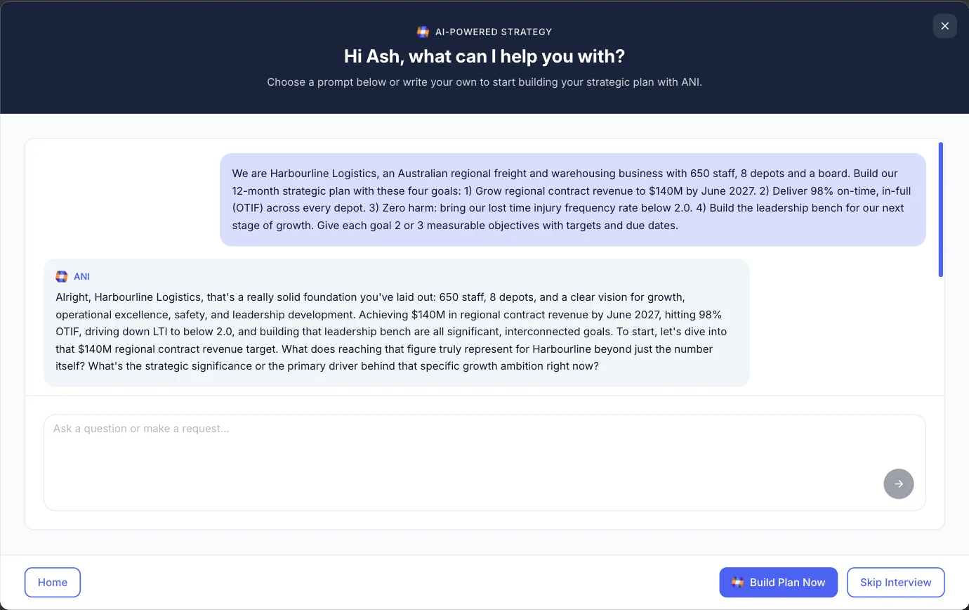 Building a strategic plan with ANI, which asks follow-up questions about the business before drafting goals