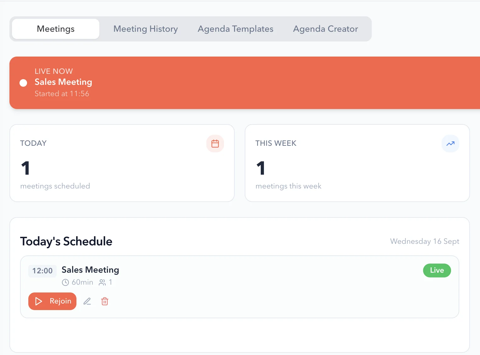 Meetings dashboard in Empiraa GPS with a live meeting and today’s schedule