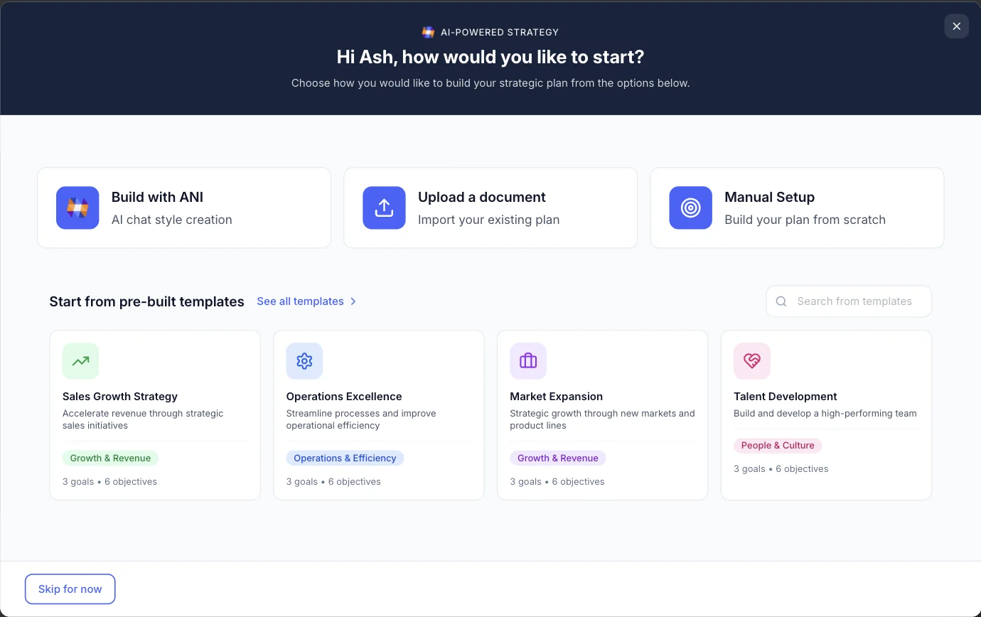 Three ways to start a plan in Empiraa GPS: build with ANI, upload a document or manual setup, plus templates